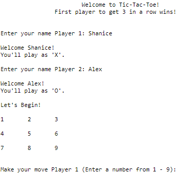 beginning lines of tic tac toe game